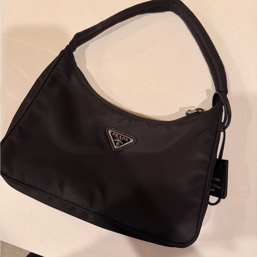 Prada Black Nylon Shoulder Bag with Triangle Logo - Picture 2 of 6